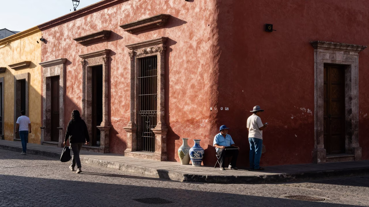 Busy Merida Mexico Street Corner Late Morning Scene with Ceramic Mugs and Fig Tree in in Merida, Mexico