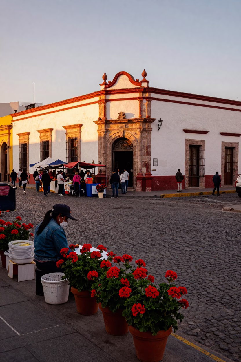 Busy Merida Mexico Street Scene at Sunset with Geraniums and Local Life in in Merida, Mexico