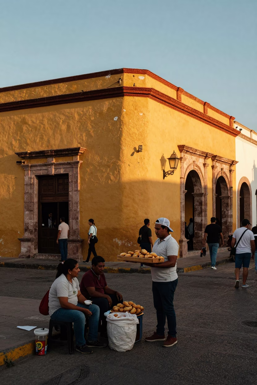 Busy Merida Mexico Street Scene at Sunset with Local Vendors and Traditional Architecture in in Merida, Mexico