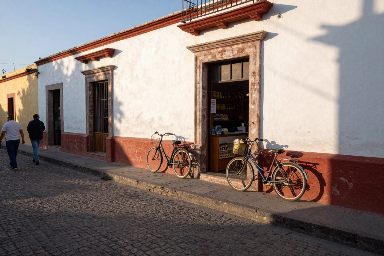 Busy Merida Mexico Street Scene Just After Sunrise with Bicycle and Bakery in in Merida, Mexico