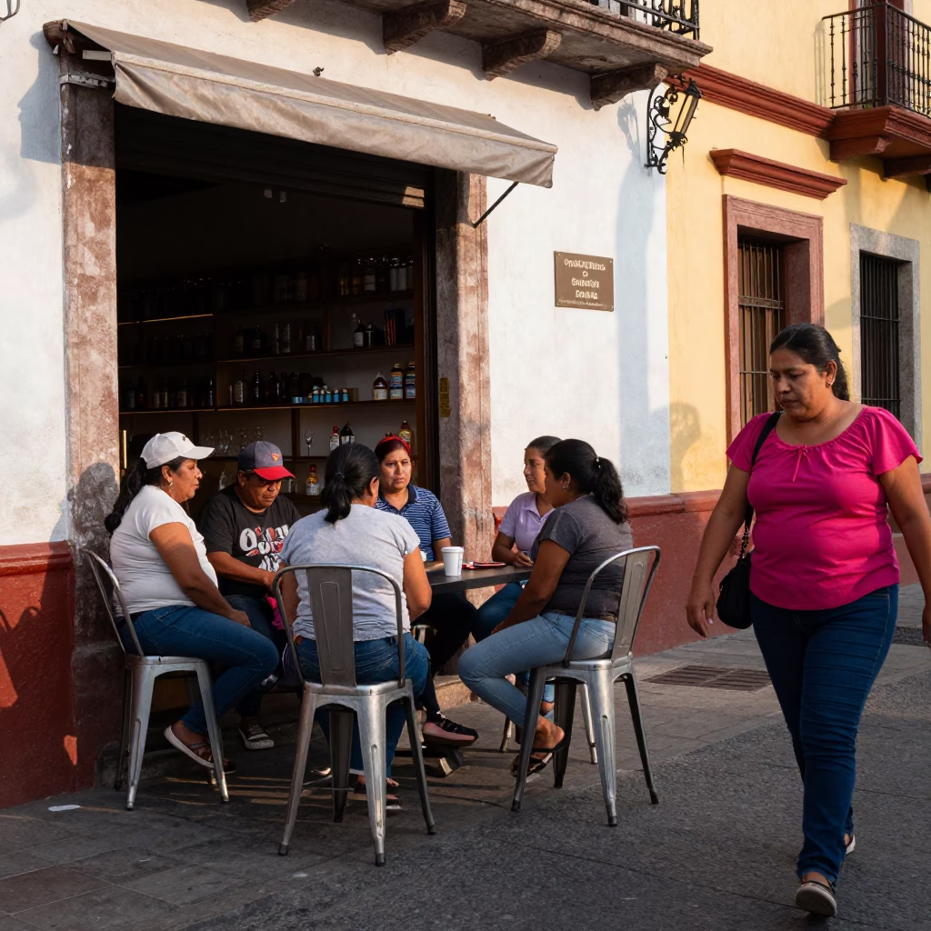 Busy Merida Mexico Street Scene Late Afternoon Light with Metal Stools and Local Activity in in Merida, Mexico
