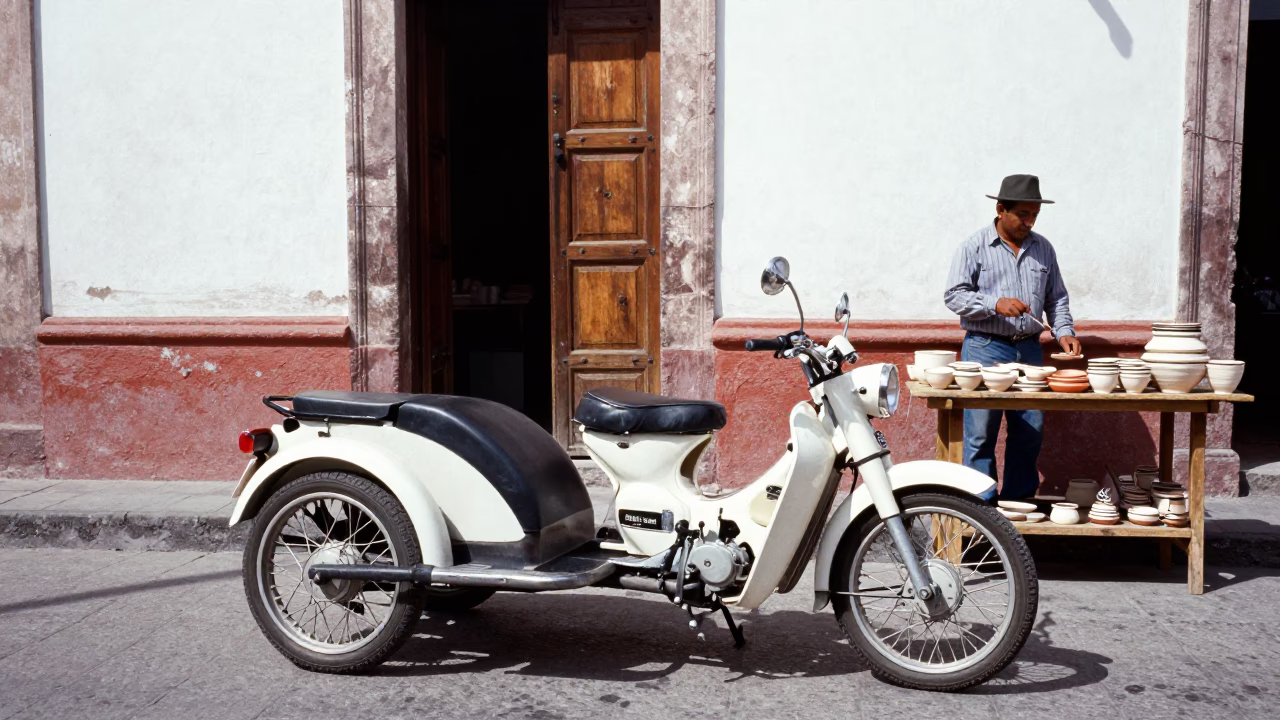 Busy Merida Mexico Street Scene Midday Vintage Motorcycle Sidecar and Local Market Activity in in Merida, Mexico