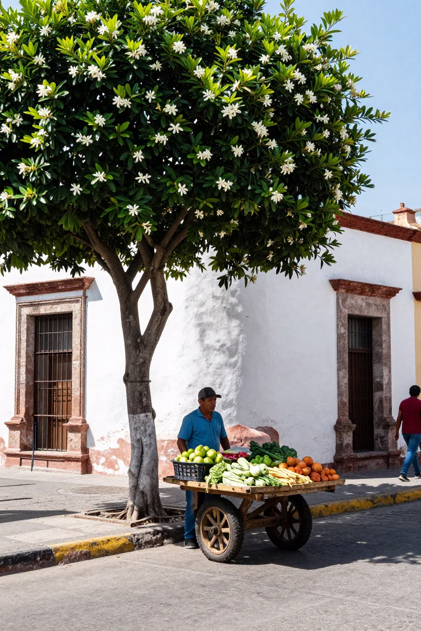 Busy Merida Mexico Street Scene Under Noon Glare With Gardenia Bush And Vintage Motorcycle in in Merida, Mexico