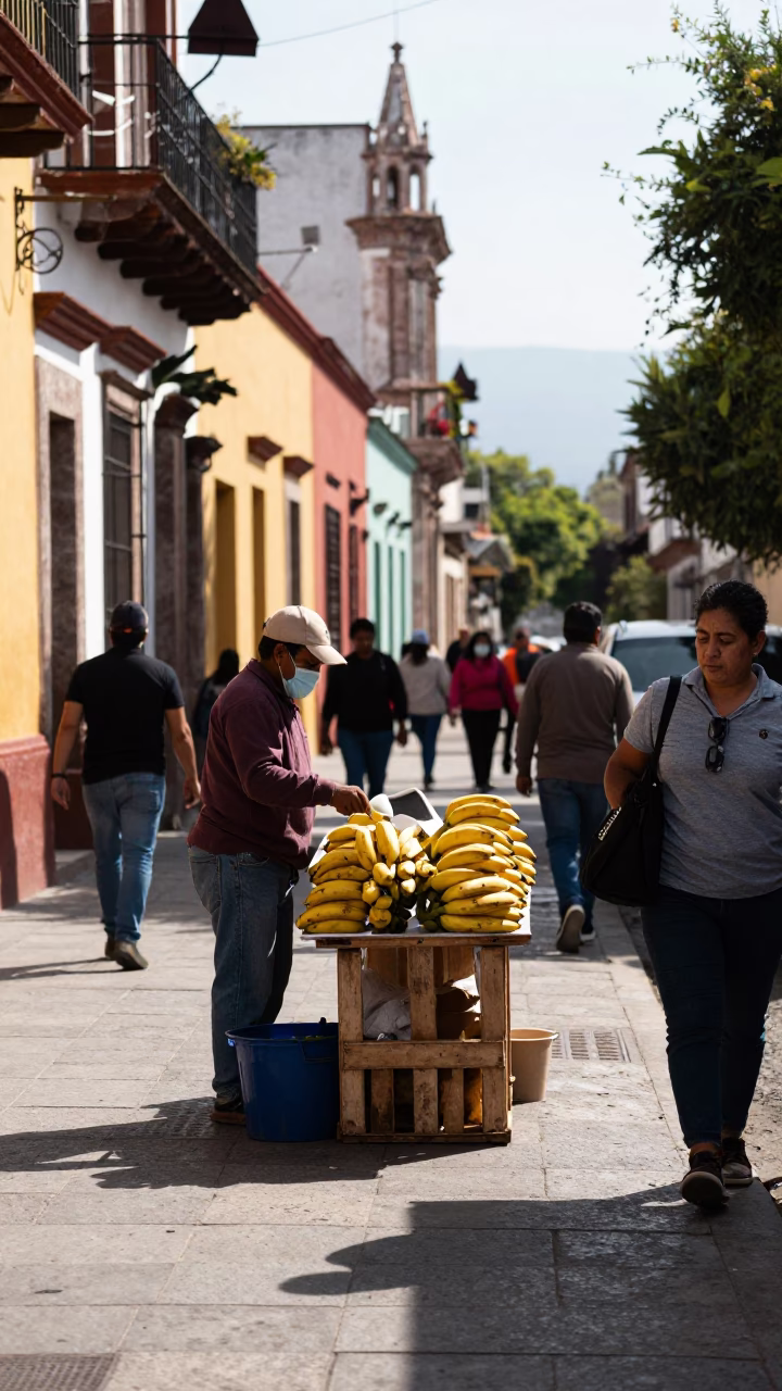 Busy Merida Mexico Street Scene with Colorful Architecture and Local Market Goods in in Merida, Mexico