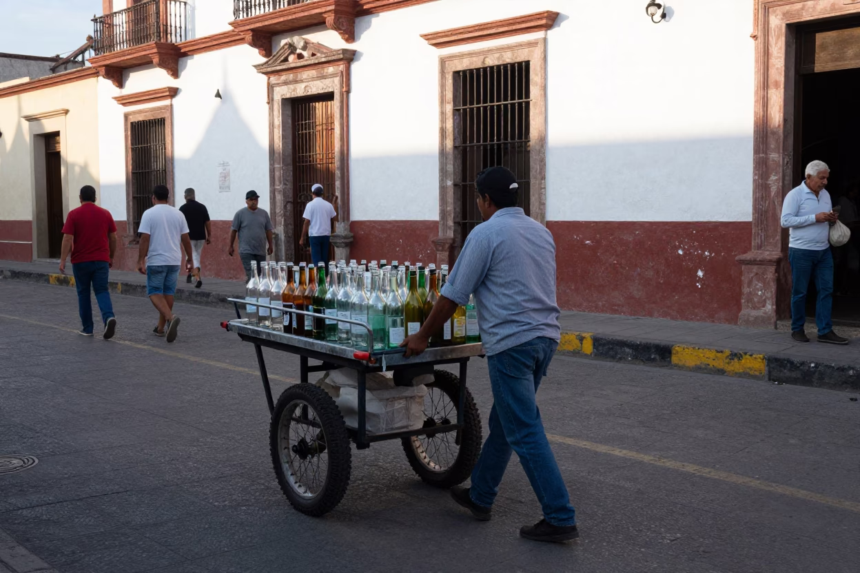 Busy Merida Mexico Street Scene with Rolling Carts and Glass Bottles in Early Afternoon in in Merida, Mexico