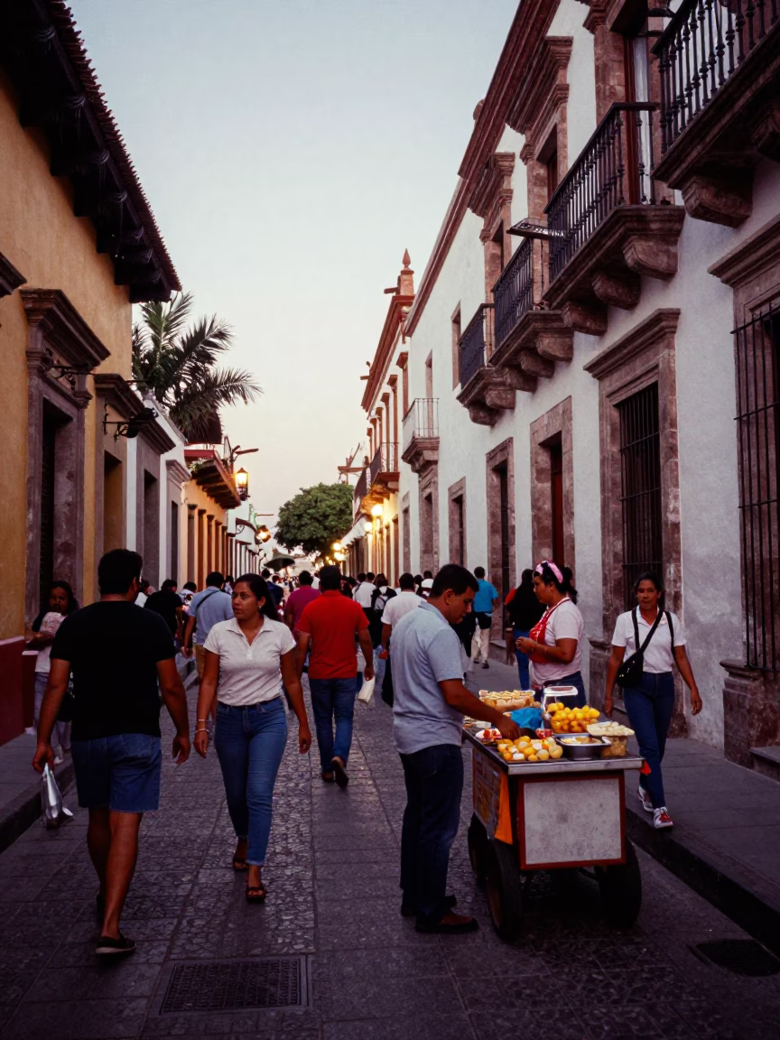 Busy Merida Mexico street scene with stair rail and evening light in in Merida, Mexico