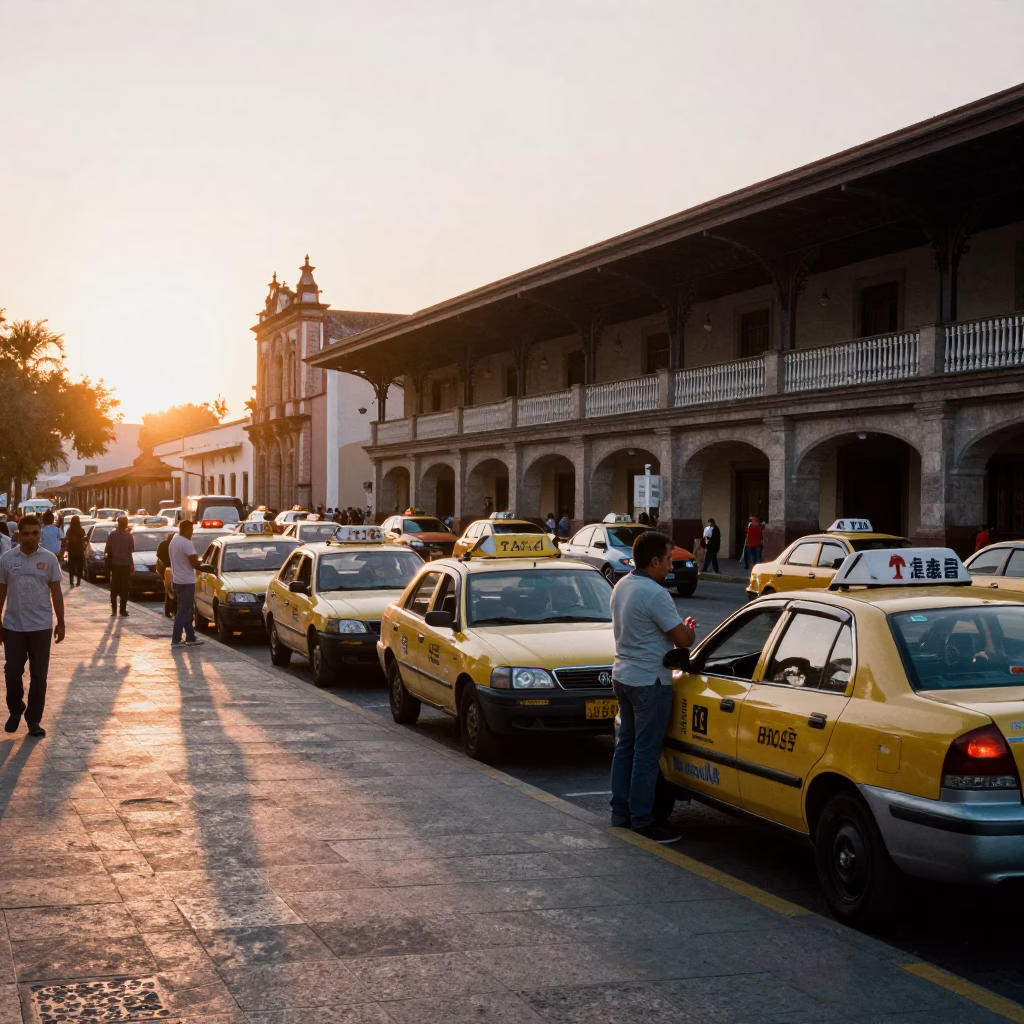 Busy Merida Mexico Taxi Rank Outside Train Station at Sunset Twilight Realistic Street Scene in in Merida, Mexico