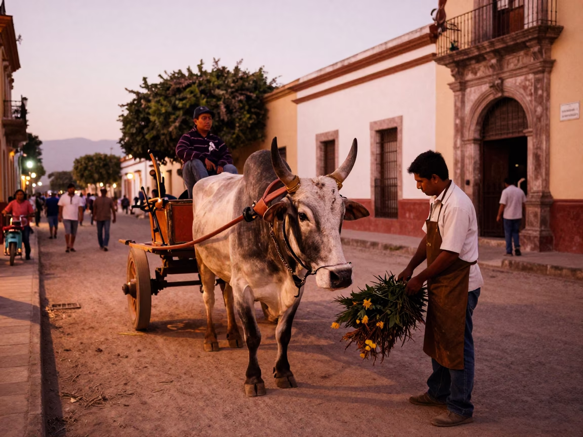 Busy Merida Street Scene Before Dusk with Ox Cart and Local Commerce in in Merida, Mexico