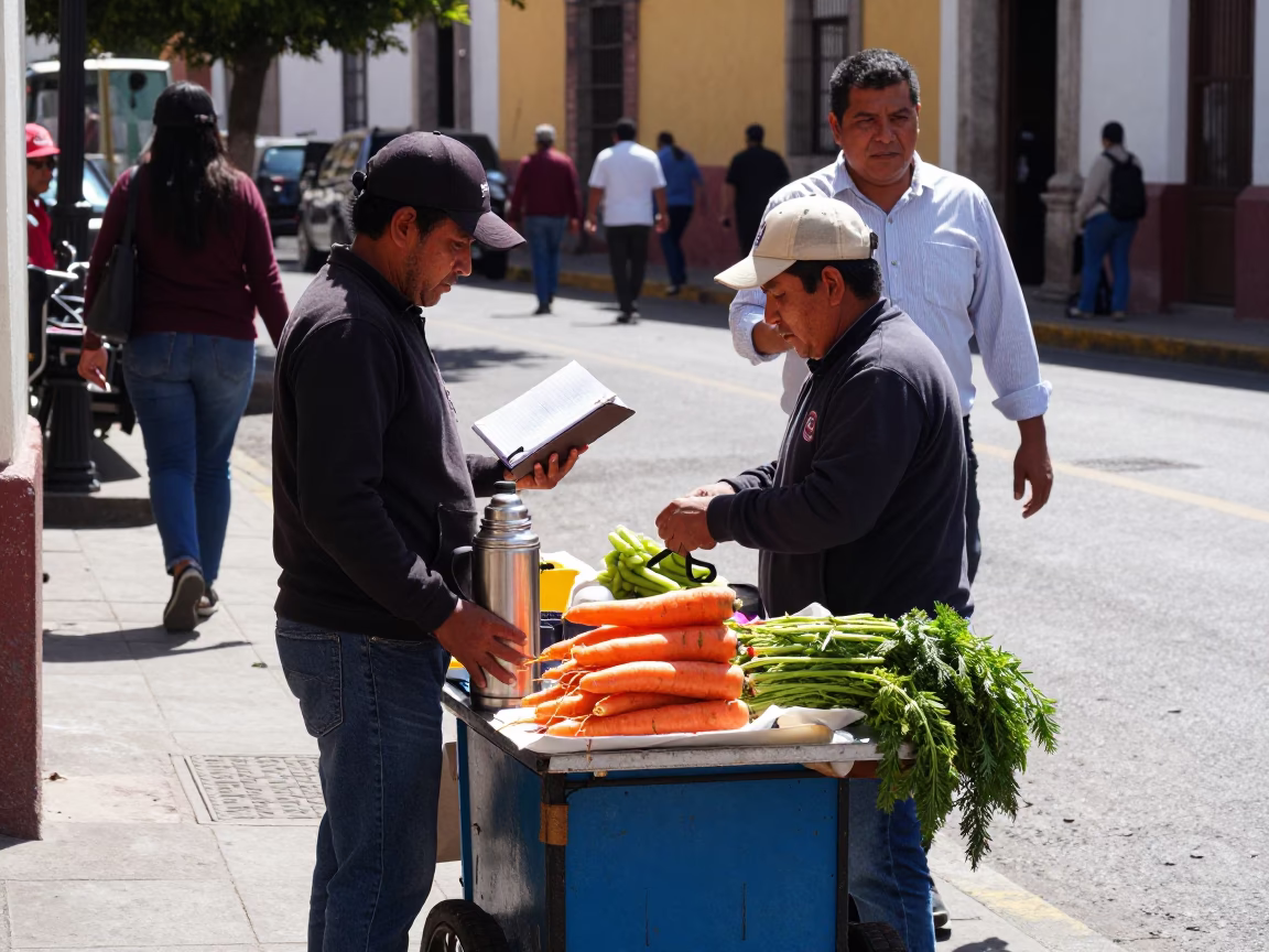 Busy Merida Street Scene with Thermos and Notebooks in Bright Midmorning Light in in Merida, Mexico