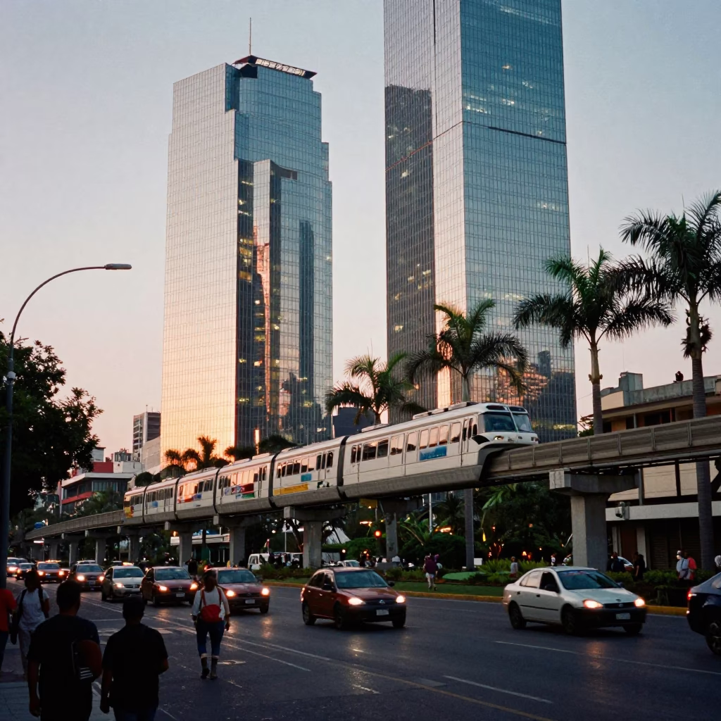 Busy Mexico City Evening Street Scene with Monorail Glass Towers and Local Life in in Mexico City, Mexico