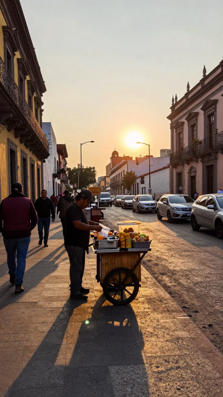 Busy Mexico City Golden Hour Street Scene with Local Food and Urban Details in in Mexico City, Mexico