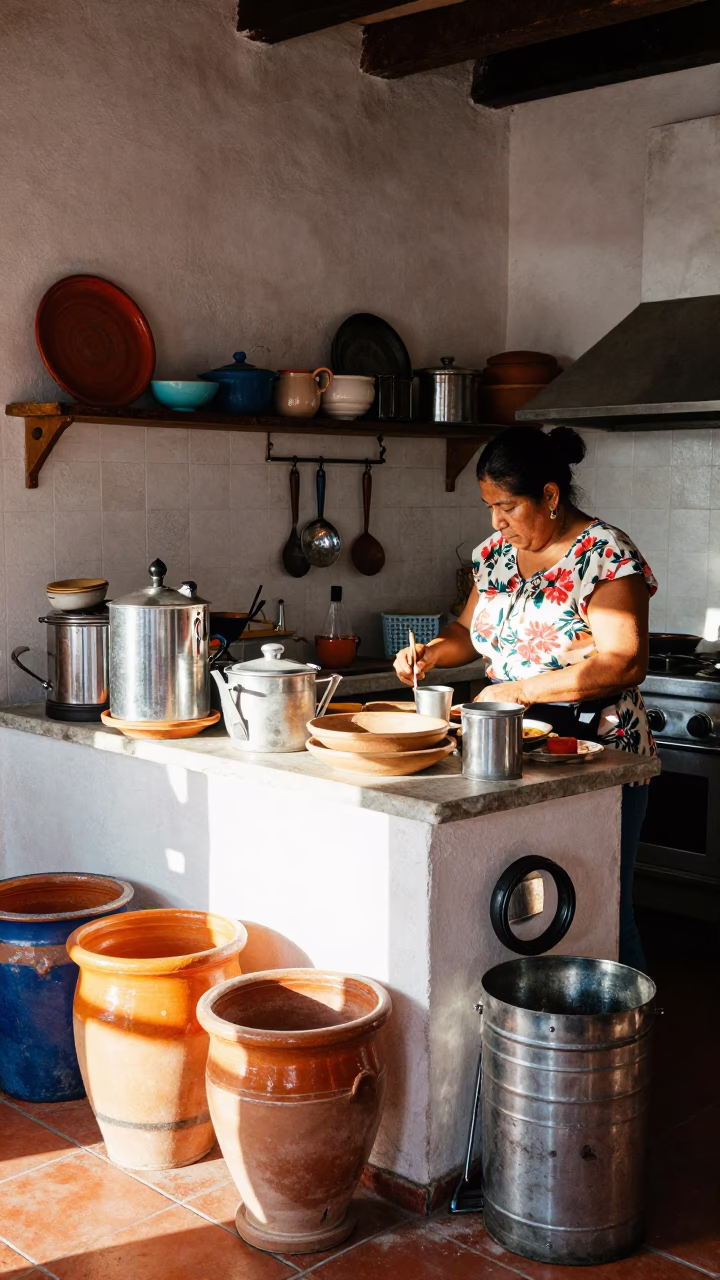 Busy Mexico City Kitchen Corner with Stoneware Crocks and Metal Stools in in Mexico City, Mexico