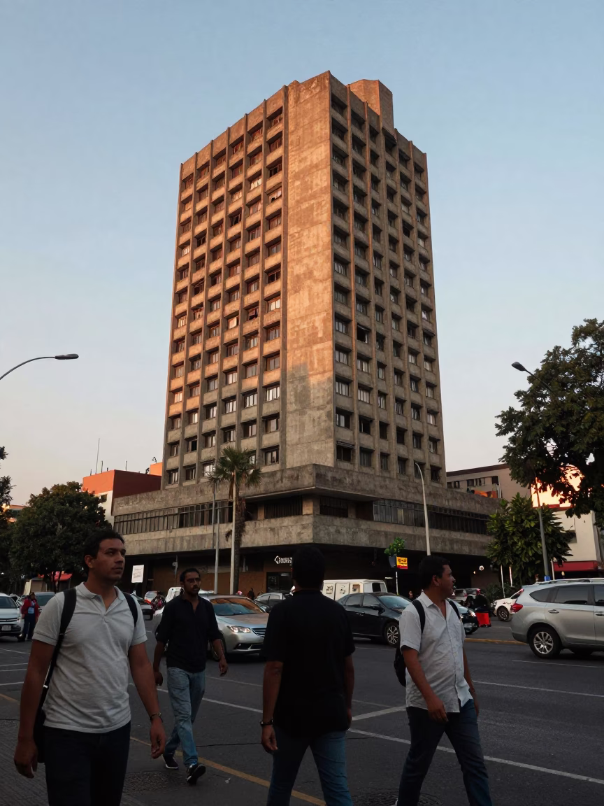 Busy Mexico City Late Afternoon Street Scene with Brutalist Architecture and Nectarines in in Mexico City, Mexico