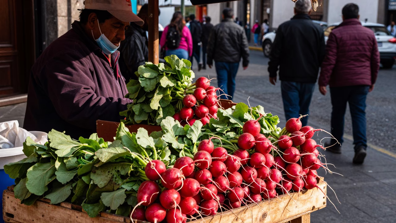 Busy Mexico City Late Morning Street Scene with Radishes and Glass Vase in in Mexico City, Mexico