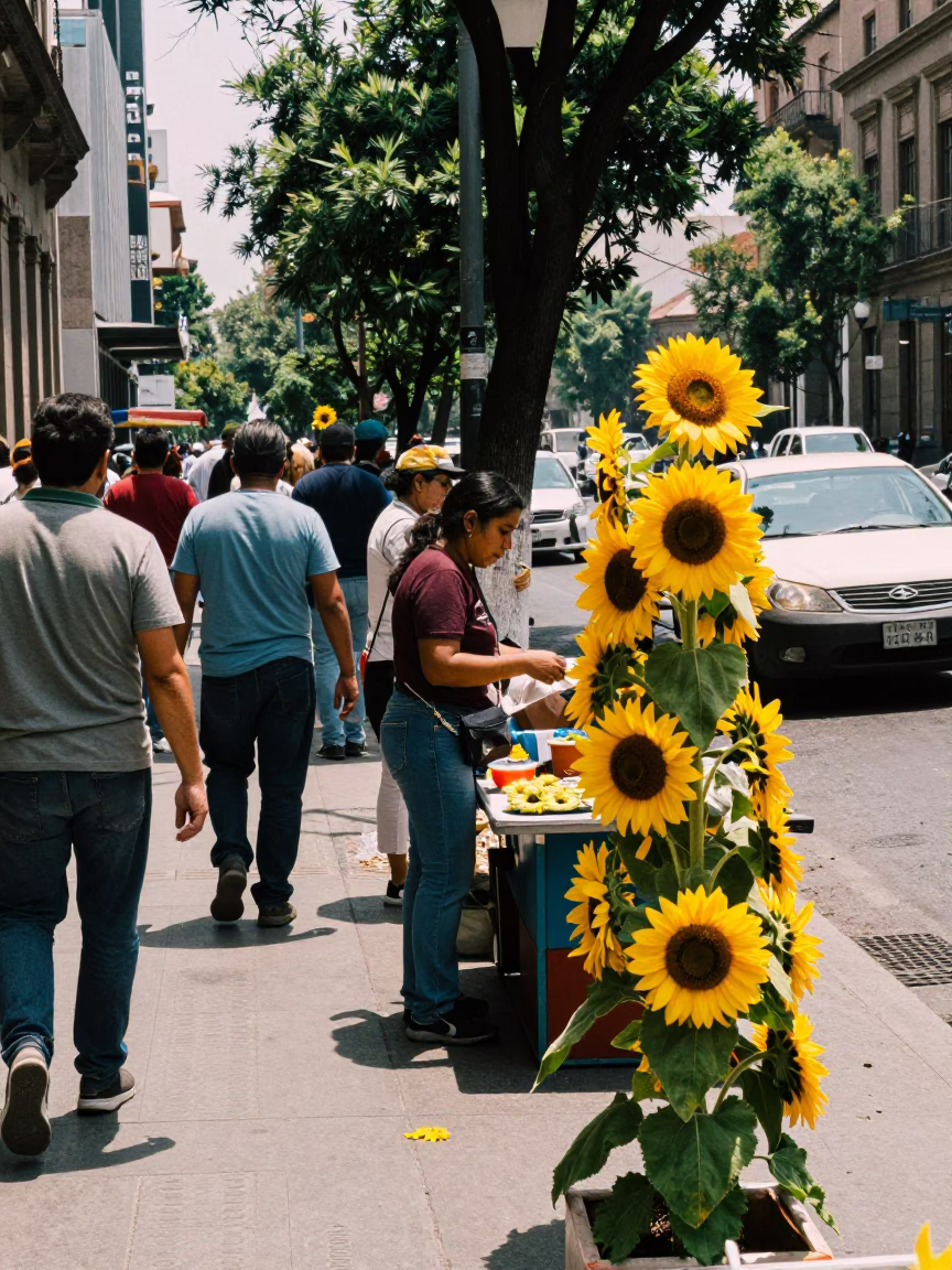 Busy Mexico City Midday Street Scene with Sunflowers and Urban Details in in Mexico City, Mexico