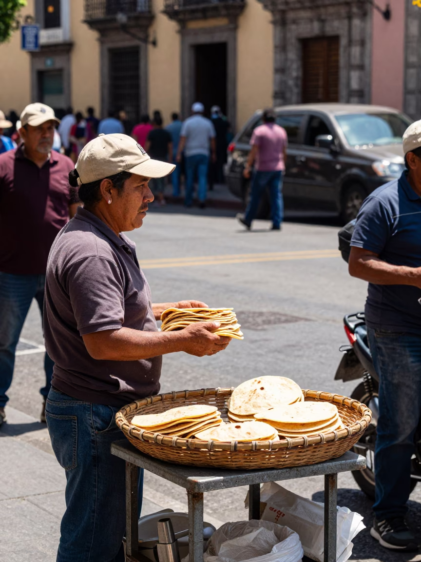 Busy Mexico City Midday Street Scene with Vendor Basket Tray and Local Pedestrians in in Mexico City, Mexico