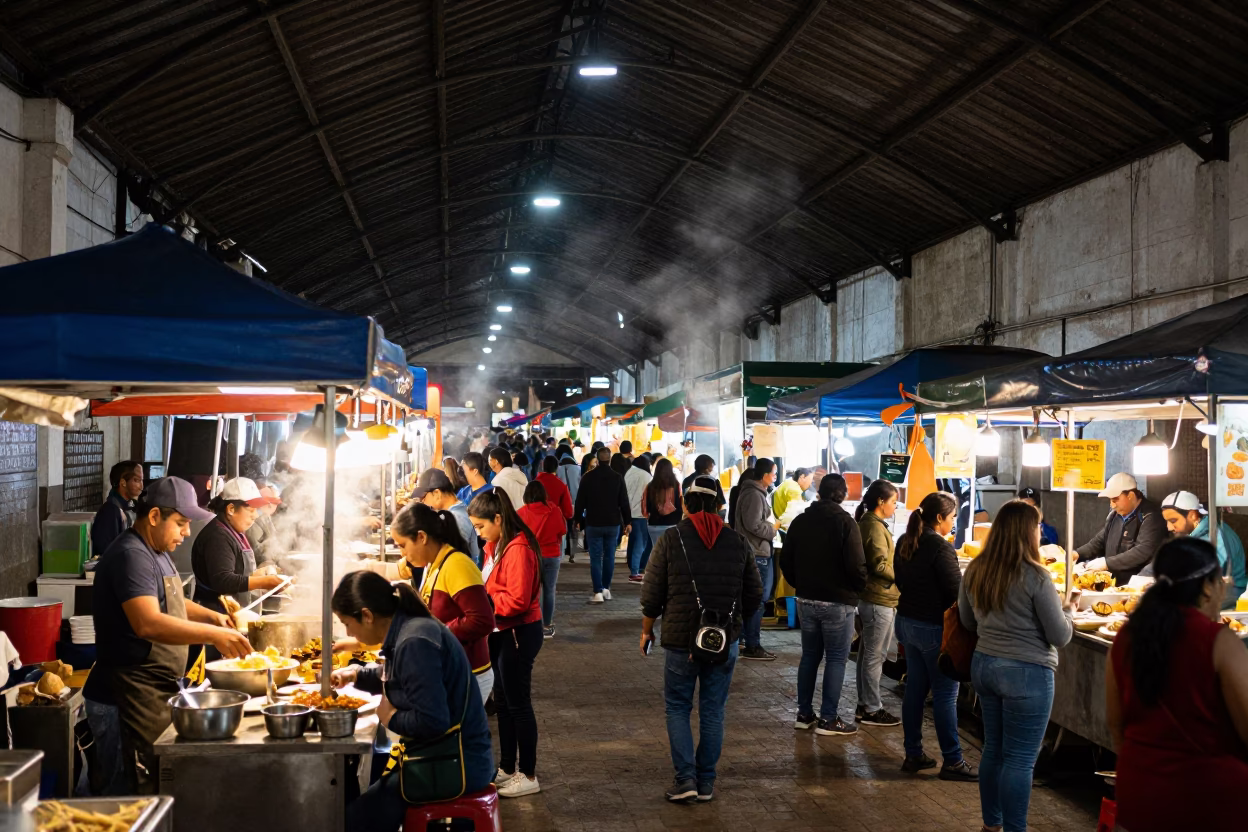 Busy Mexico City Night Market Food Court with Iron Roof and Glowing City Lights in in Mexico City, Mexico
