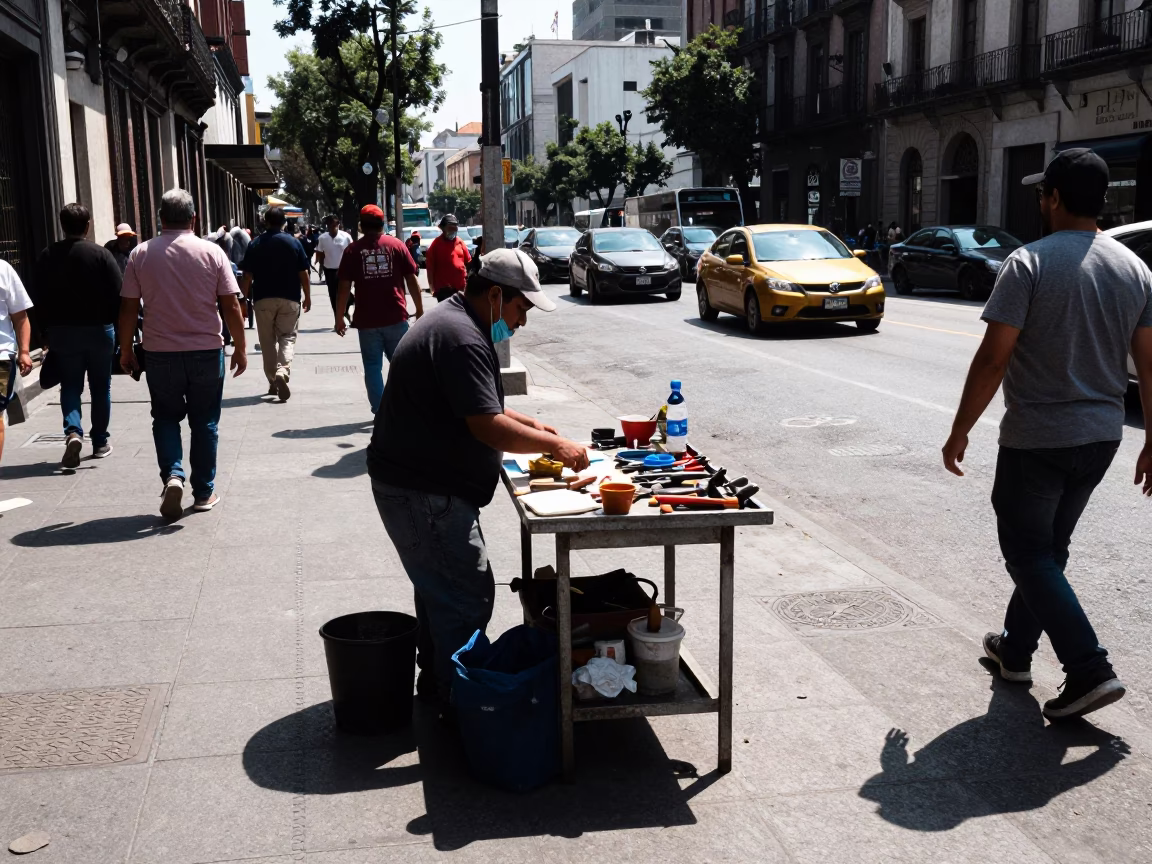 Busy Mexico City Noon Street Scene with Workers and Urban Details in in Mexico City, Mexico