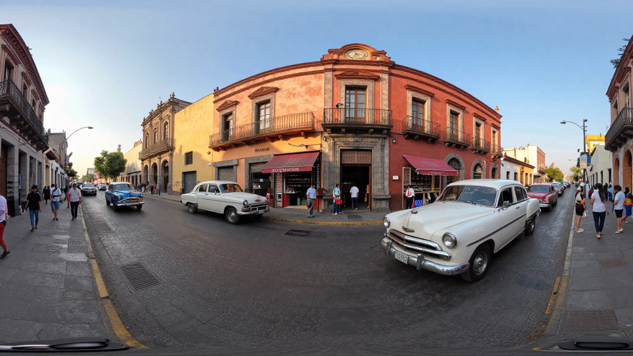 Busy Mexico City Street Corner 1950s Afternoon with Vintage Vehicles and Local Life in in Mexico City, Mexico