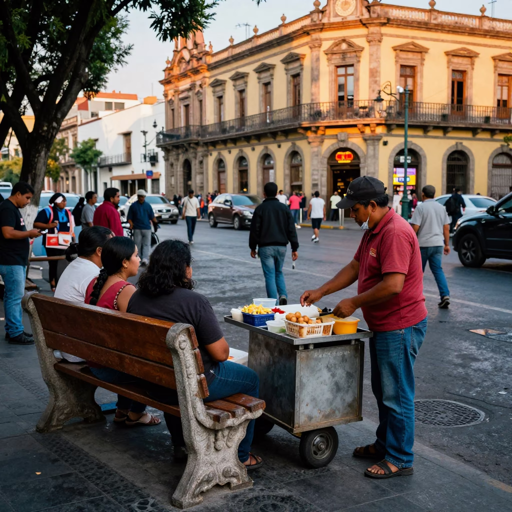 Busy Mexico City Street Corner Afternoon with Vendor and Urban Life in in Mexico City, Mexico