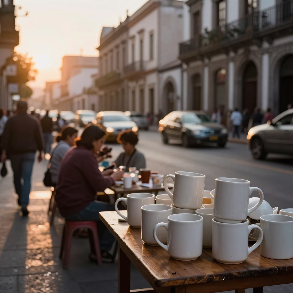 Busy Mexico City Street Corner at Sunset with Ceramic Mugs and Clipboard in in Mexico City, Mexico