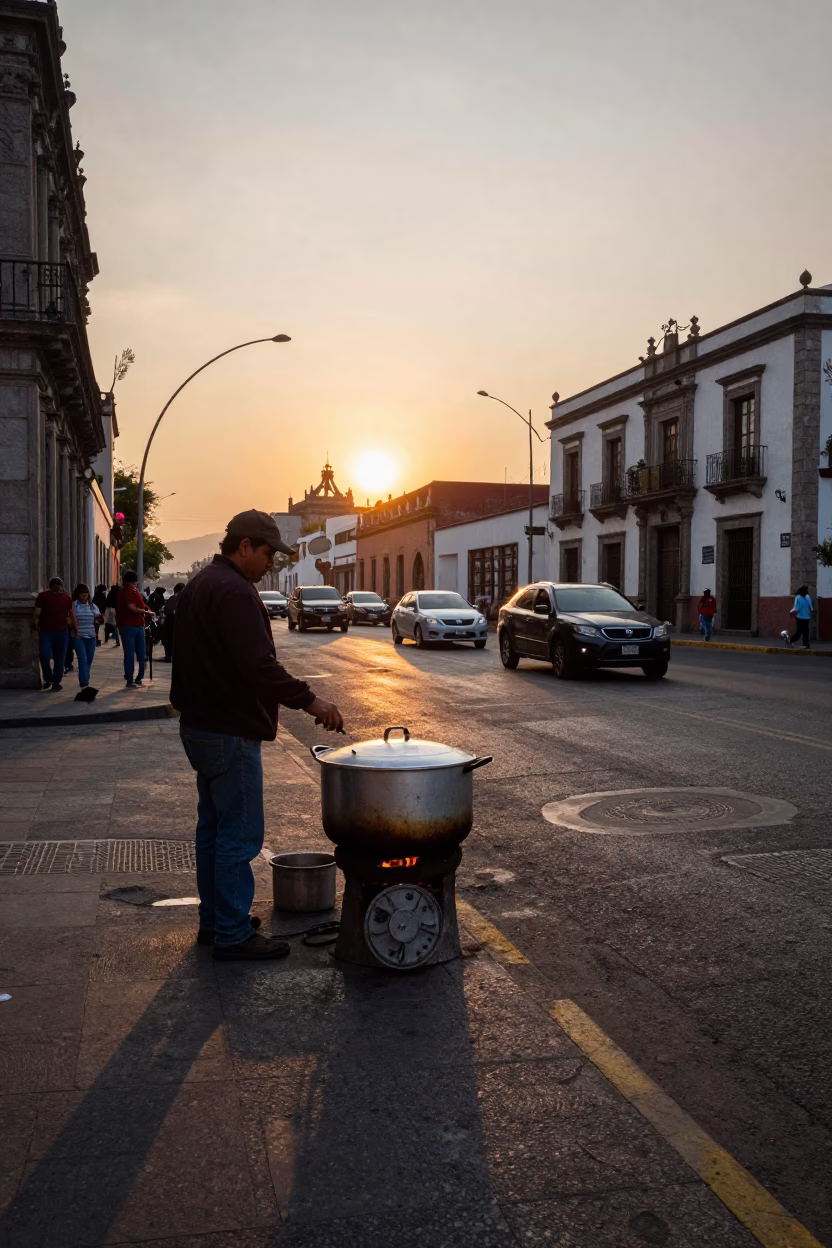 Busy Mexico City street corner at sunset with cooking pot and melons in in Mexico City, Mexico