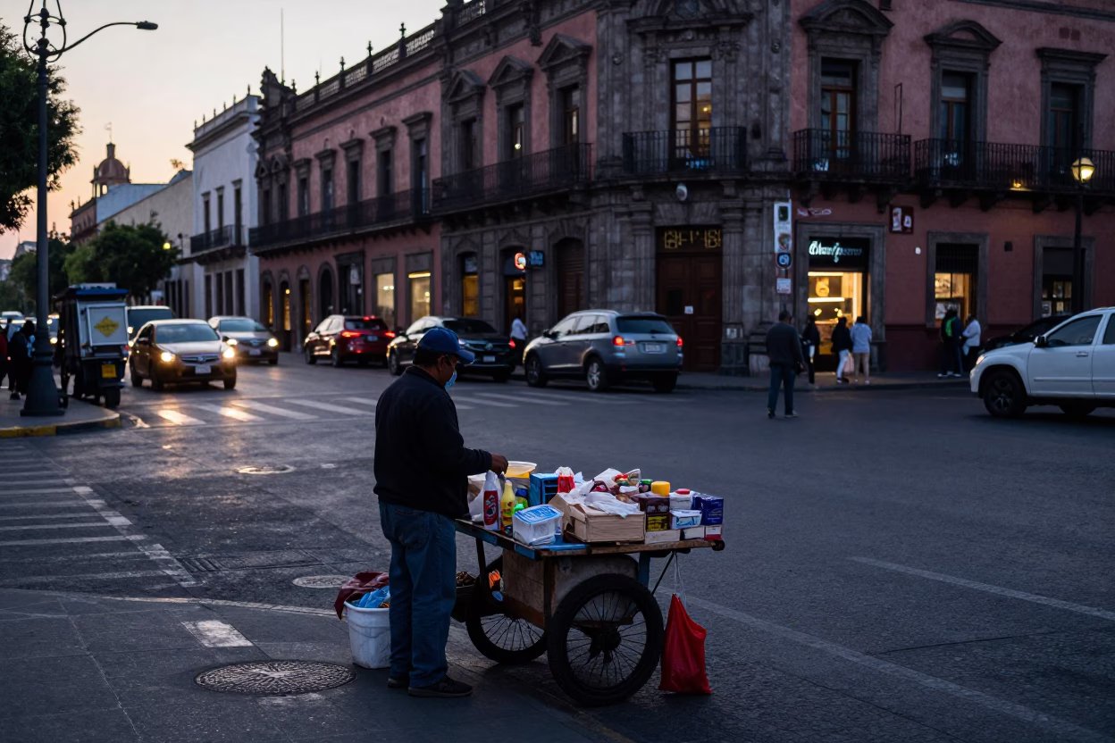 Busy Mexico City Street Corner Before Sunrise with Local Vendor and Vintage Details in in Mexico City, Mexico