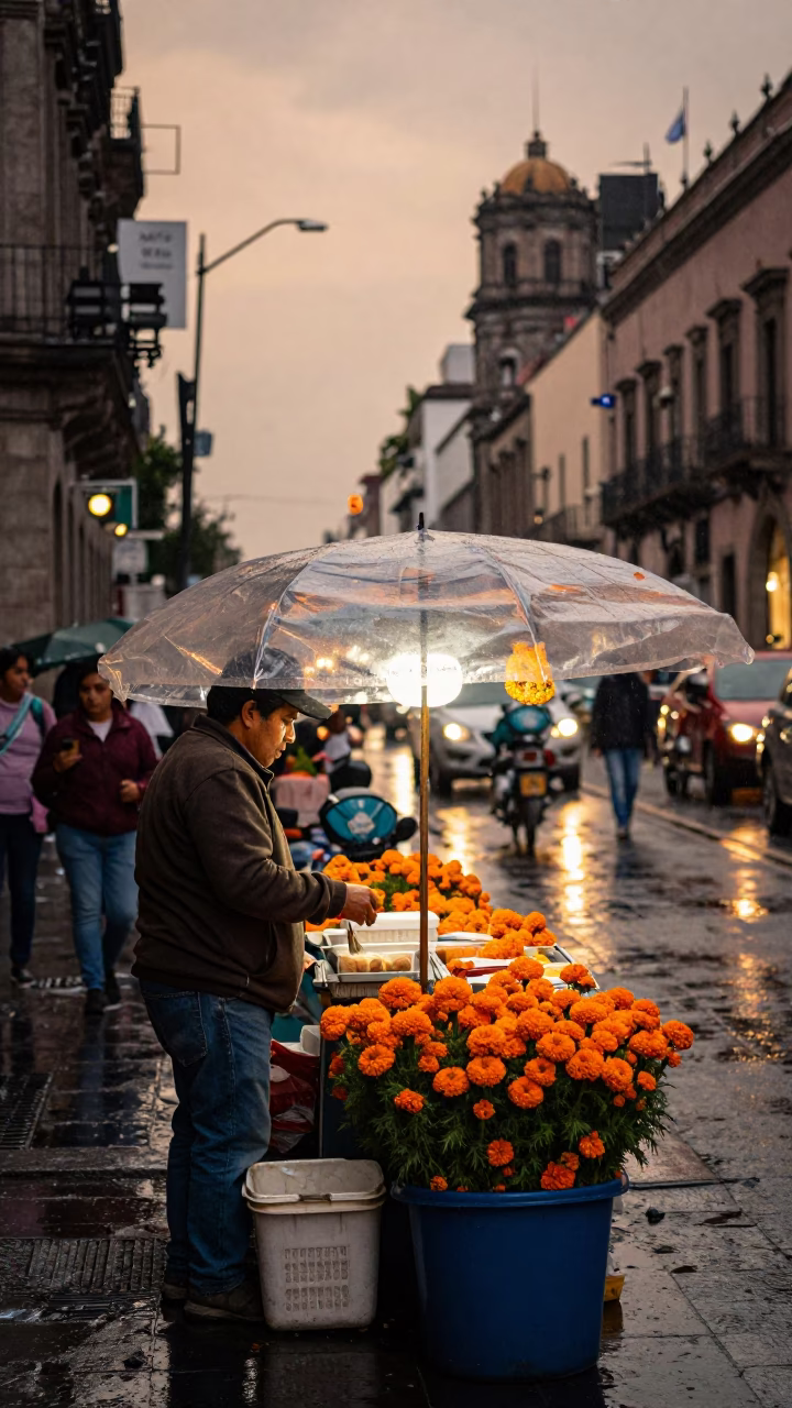 Busy Mexico City Street Corner During Light Rain at Dusk with Vendors in in Mexico City, Mexico