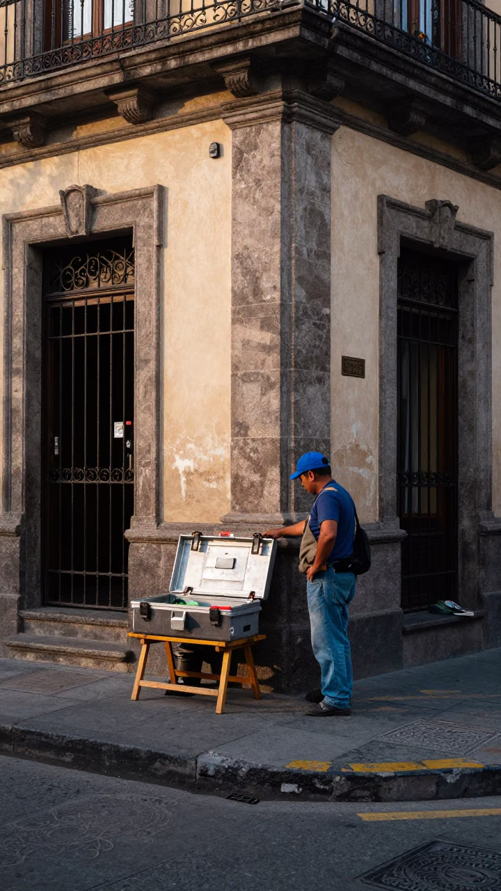 Busy Mexico City Street Corner Early Afternoon with Toolbox and Dusty Basin in in Mexico City, Mexico