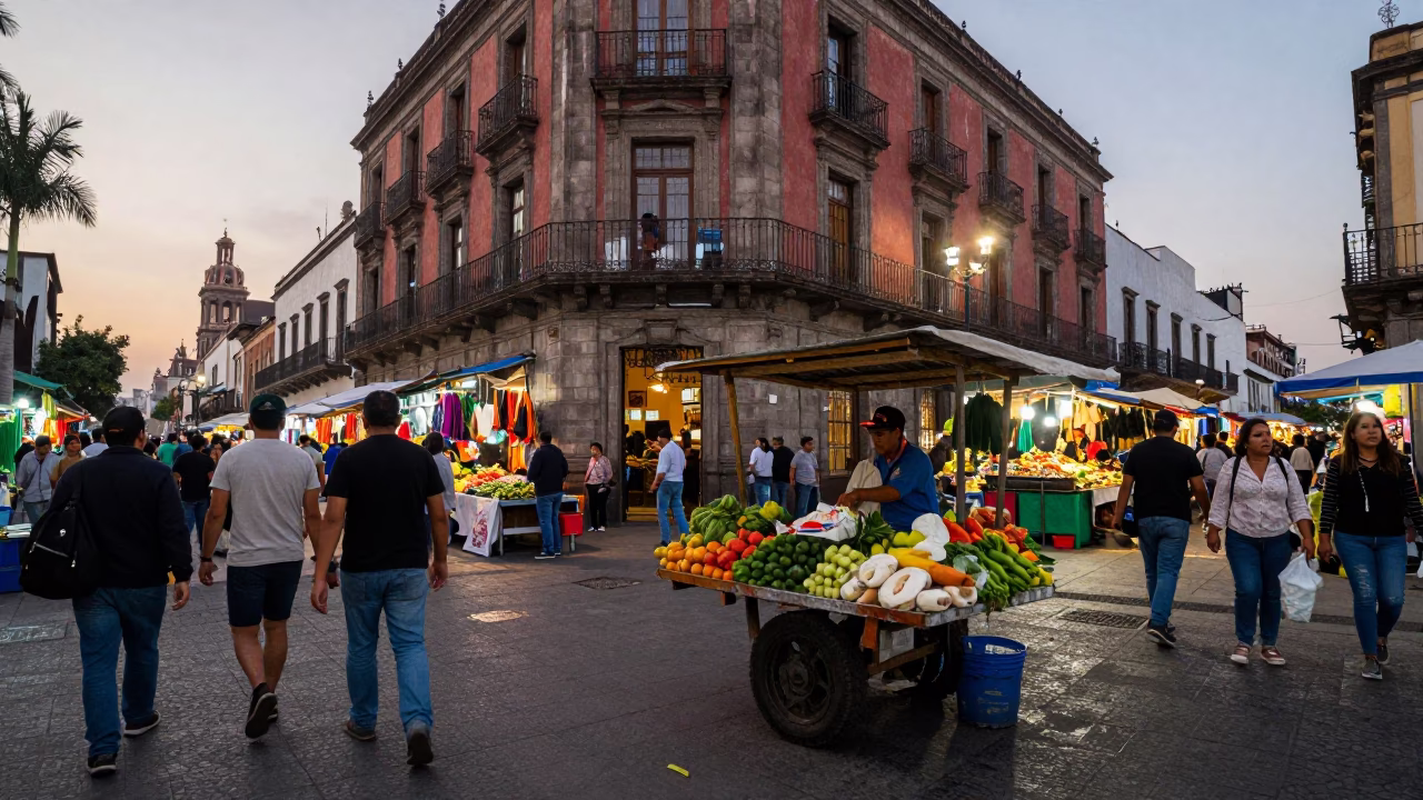 Busy Mexico City Street Corner Early Evening Pedestrians and Market Stalls in in Mexico City, Mexico