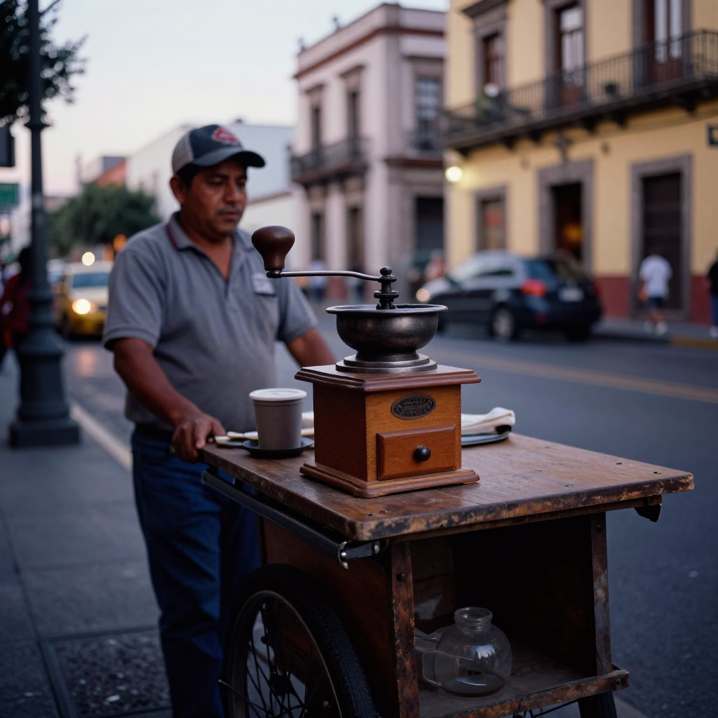 Busy Mexico City Street Corner Evening with Vintage Coffee Grinder and Local Commerce in in Mexico City, Mexico