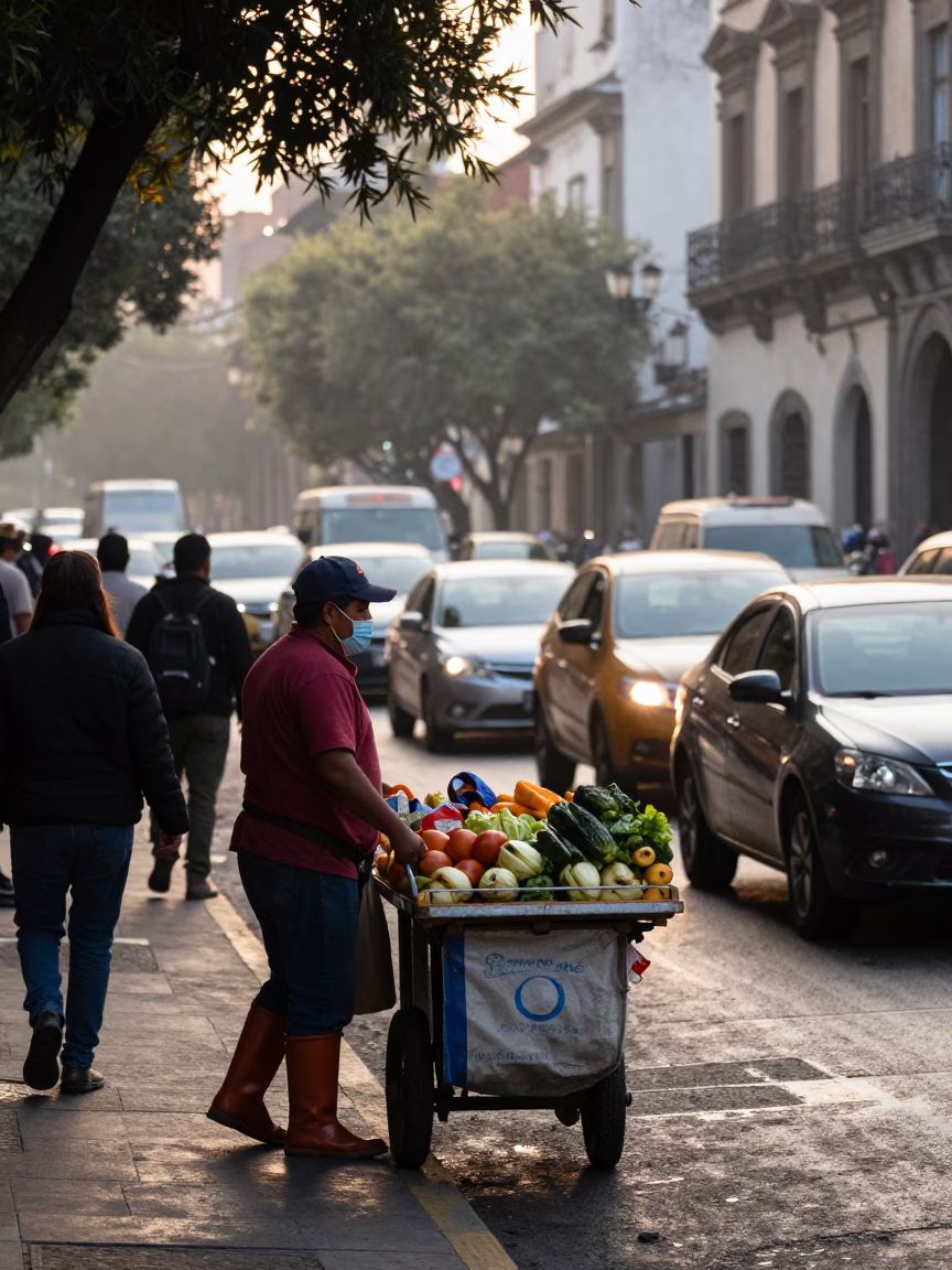 Busy Mexico City Street Corner Morning Commute with Rain Boots and Turnbuckle in in Mexico City, Mexico