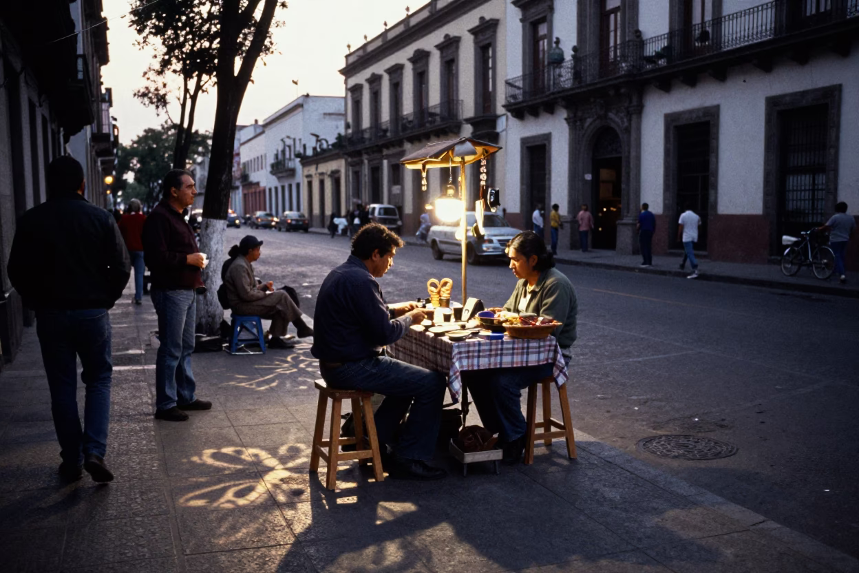 Busy Mexico City Street Corner with Wicker Shadow and Tablecloth in Early Evening in in Mexico City, Mexico
