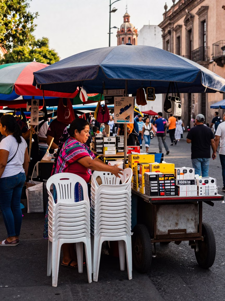 Busy Mexico City Street Market Stall Late Morning with Local Vendors and Colorful Goods in in Mexico City, Mexico