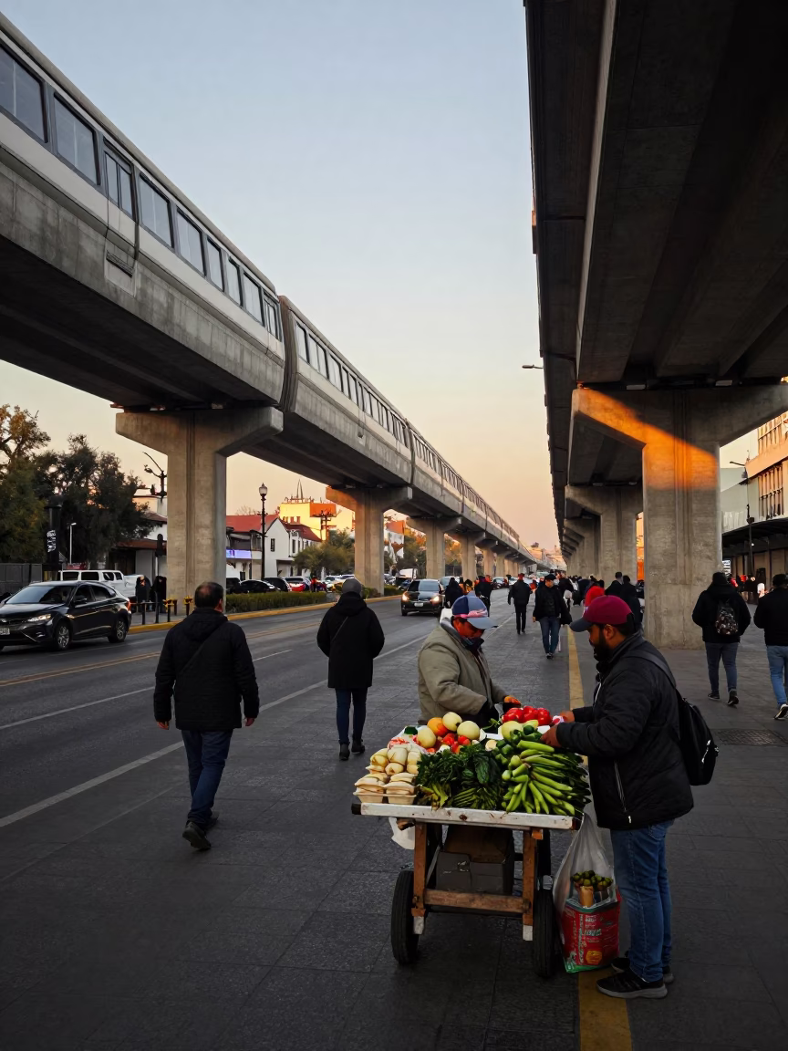 Busy Mexico City Street Scene at Dawn with Monorail and Street Vendor in in Mexico City, Mexico