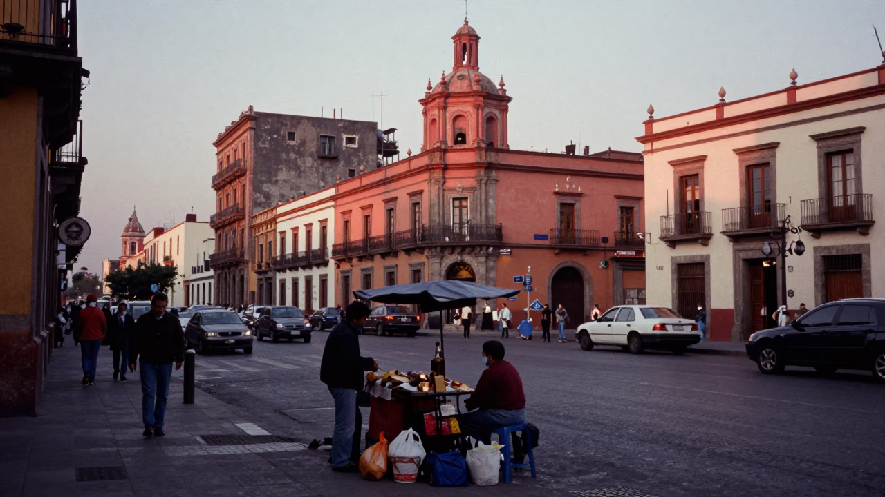 Busy Mexico City Street Scene at Dawn with Vendor and Mason's Tools in in Mexico City, Mexico
