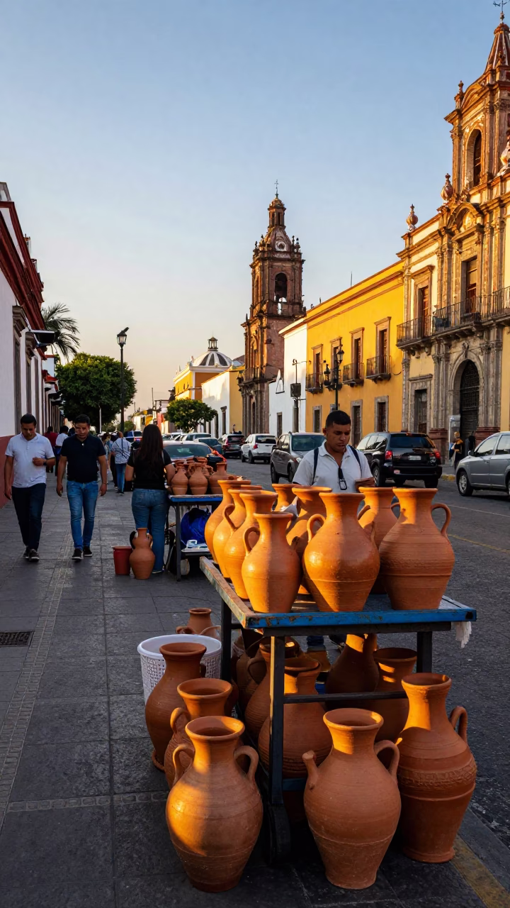 Busy Mexico City Street Scene at Golden Hour with Clay Pots and Street Vendor in in Mexico City, Mexico