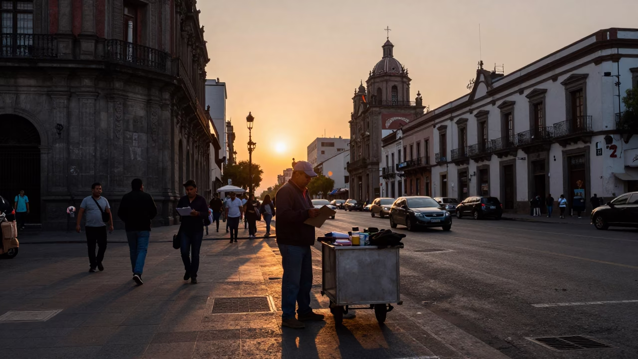 Busy Mexico City Street Scene at Sunset with Clipboard and Cash Box in in Mexico City, Mexico
