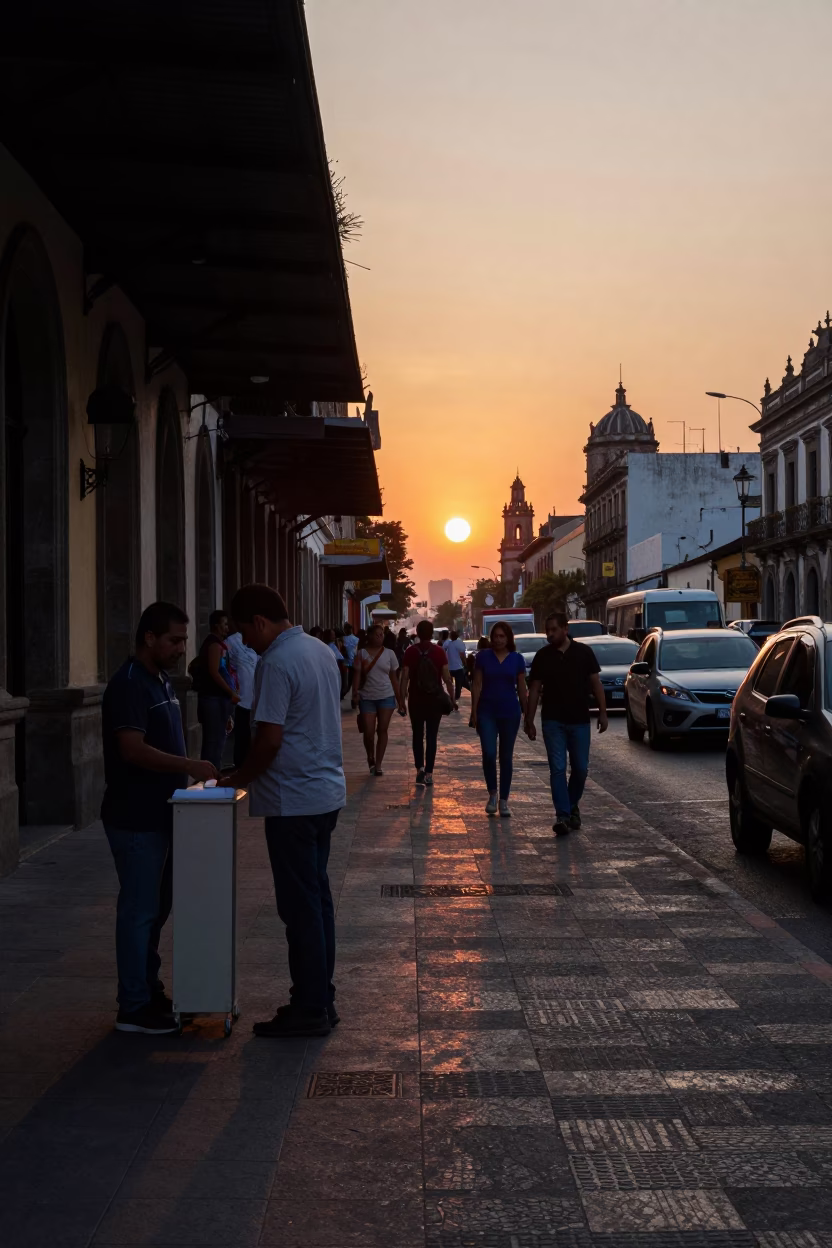 Busy Mexico City street scene at sunset with valet stand and hotel awnings in in Mexico City, Mexico