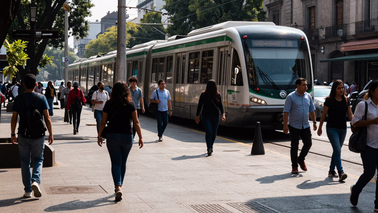 Busy Mexico City Street Scene Early Afternoon Monorail Reflection and Local Life in in Mexico City, Mexico