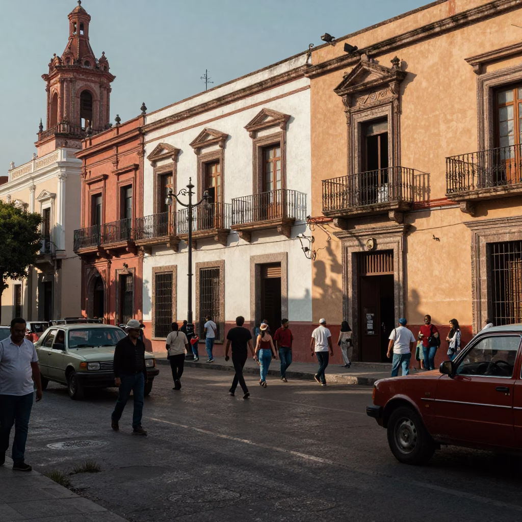Busy Mexico City Street Scene Early Afternoon with Vintage 1960s Architecture and Daily Life in in Mexico City, Mexico