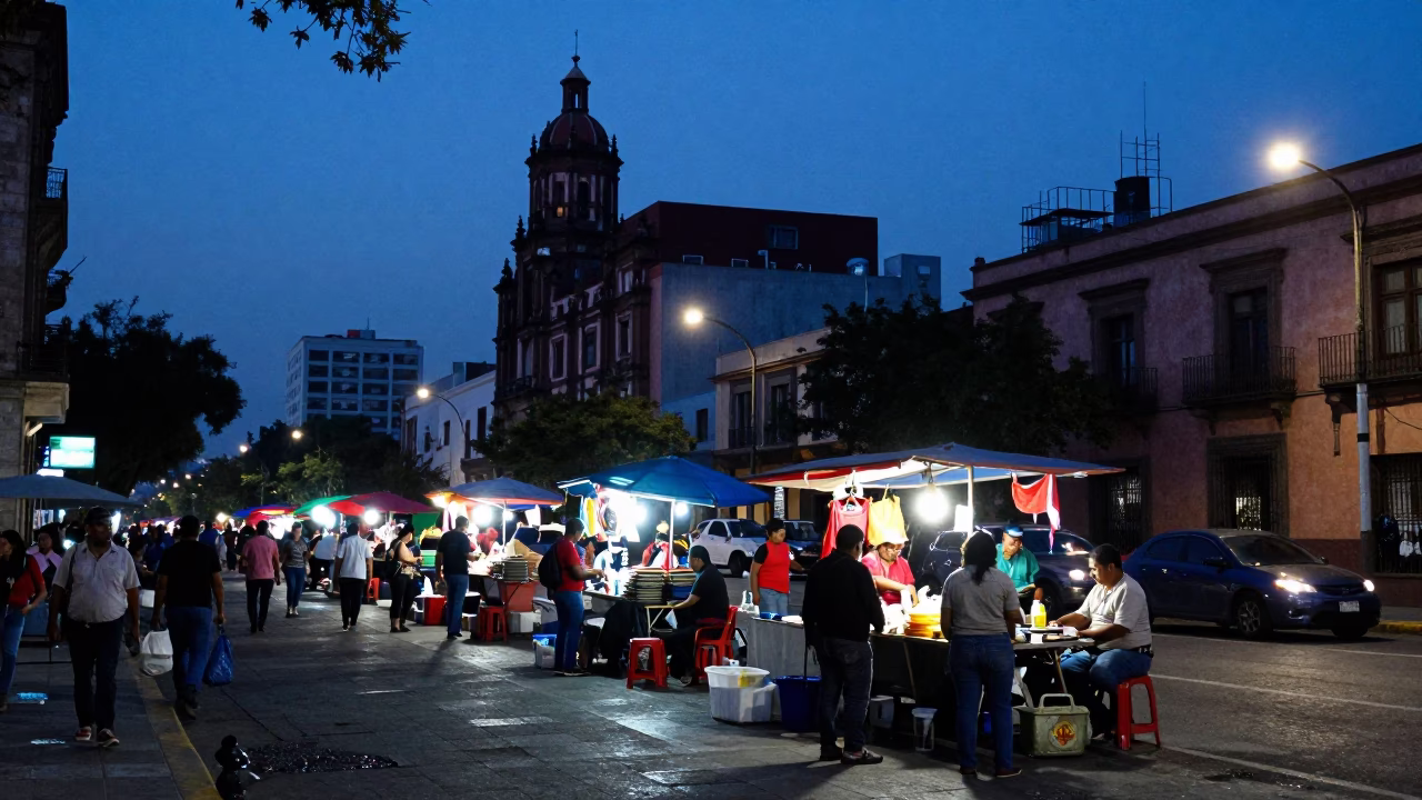 Busy Mexico City Street Scene in Indigo Twilight with Sewage Pumping Station Pumps in in Mexico City, Mexico