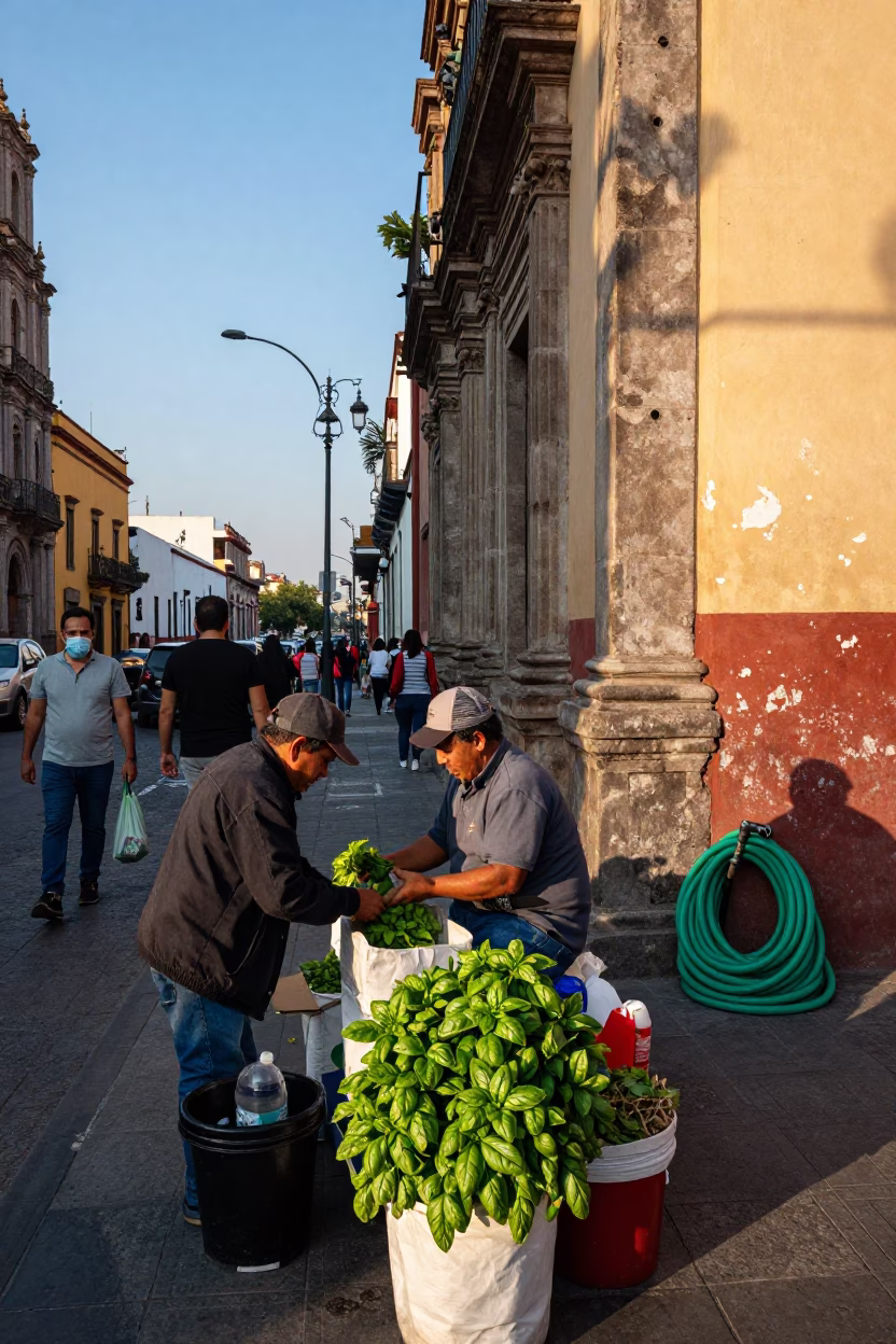 Busy Mexico City Street Scene Late Afternoon Light with Basil Leaves and Garden Hose in in Mexico City, Mexico