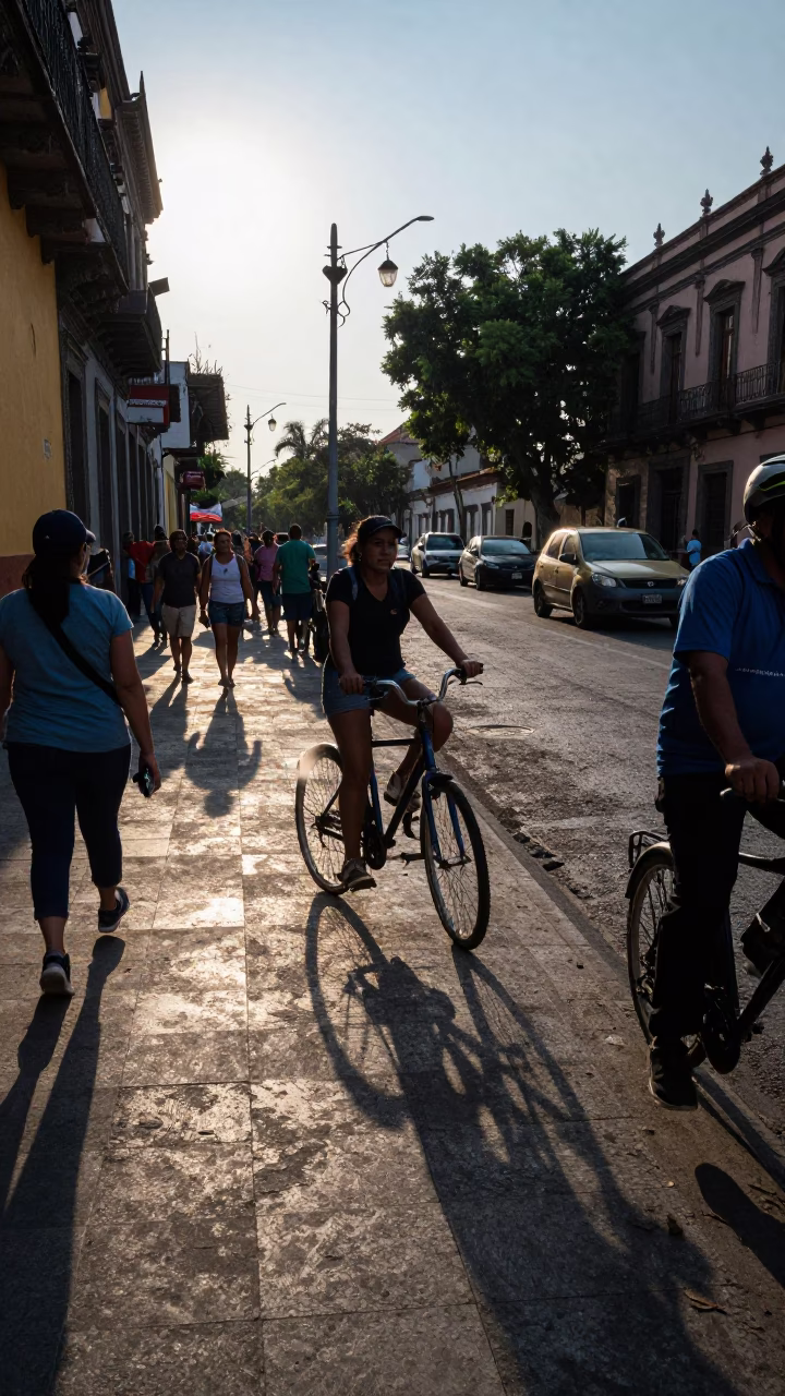 Busy Mexico City Street Scene Late Afternoon Light with Bicycle and Vintage Telephone in in Mexico City, Mexico