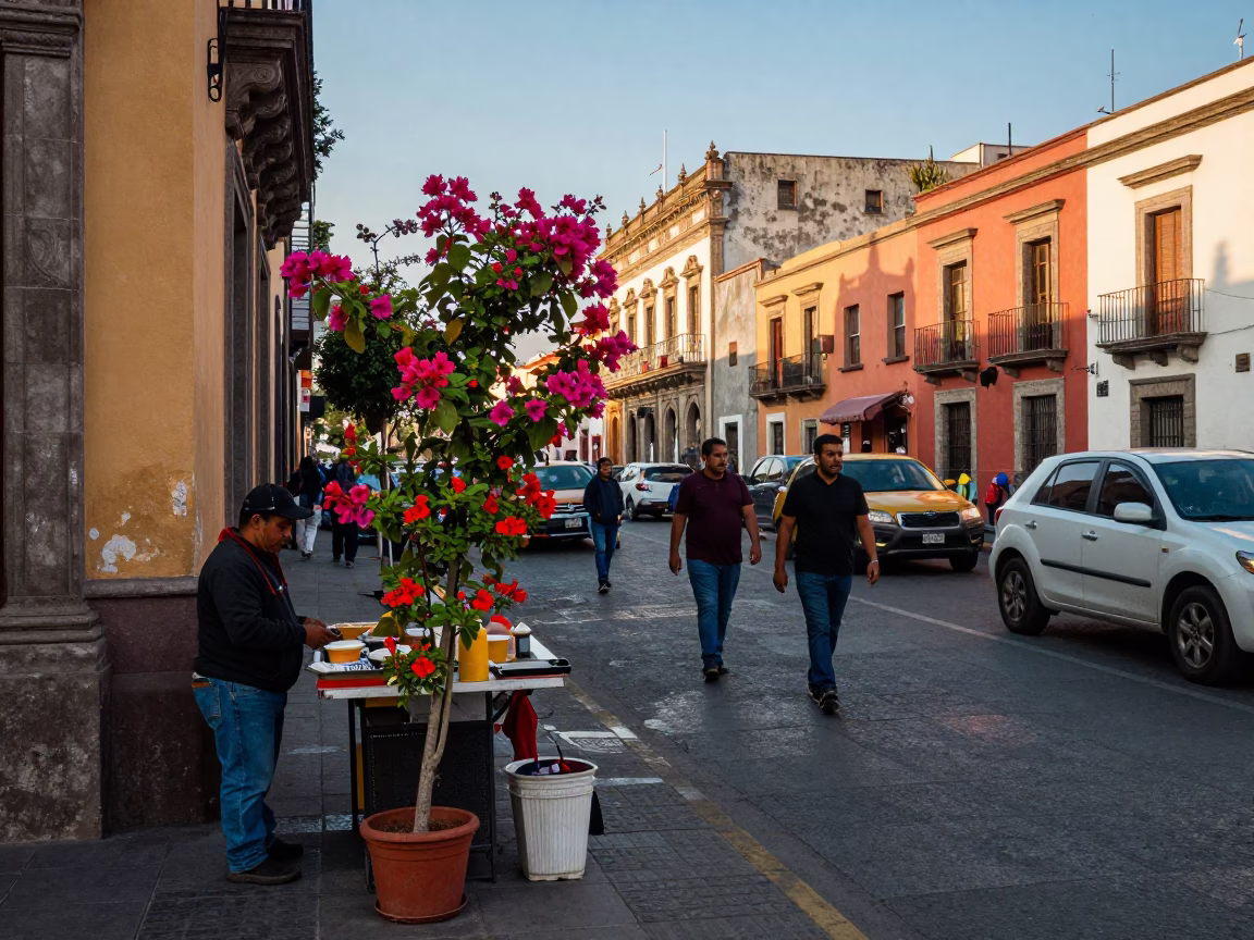 Busy Mexico City Street Scene Late Afternoon Light with Flowering Plant and Rusty Saucer in in Mexico City, Mexico