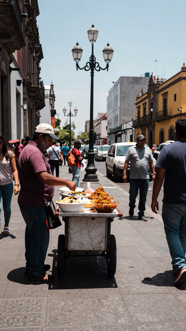 Busy Mexico City Street Scene Under Flat Noon Glare with Local Food and Transit in in Mexico City, Mexico