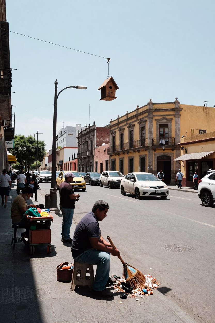 Busy Mexico City Street Scene Under Flat Noon Light With Hand Broom And Birdhouse in in Mexico City, Mexico