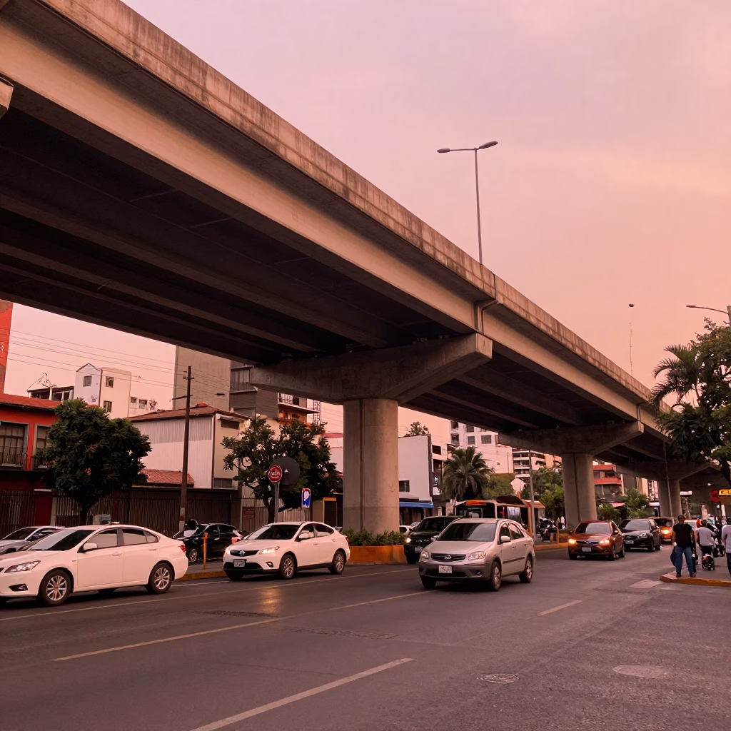 Busy Mexico City street scene with highway flyover stack cutting across pink evening sky in in Mexico City, Mexico
