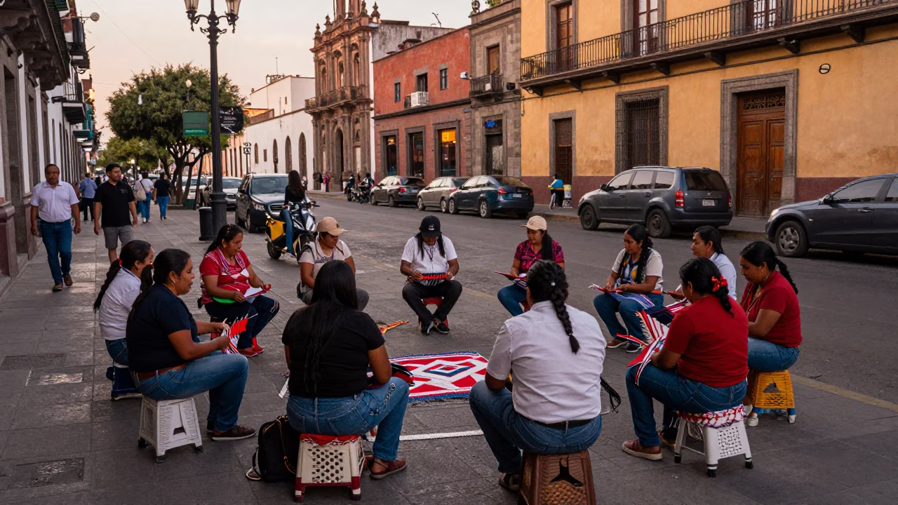 Busy Mexico City Street Scene with Indigenous Weaving Circle and Copper Toned Dusk Light in in Mexico City, Mexico