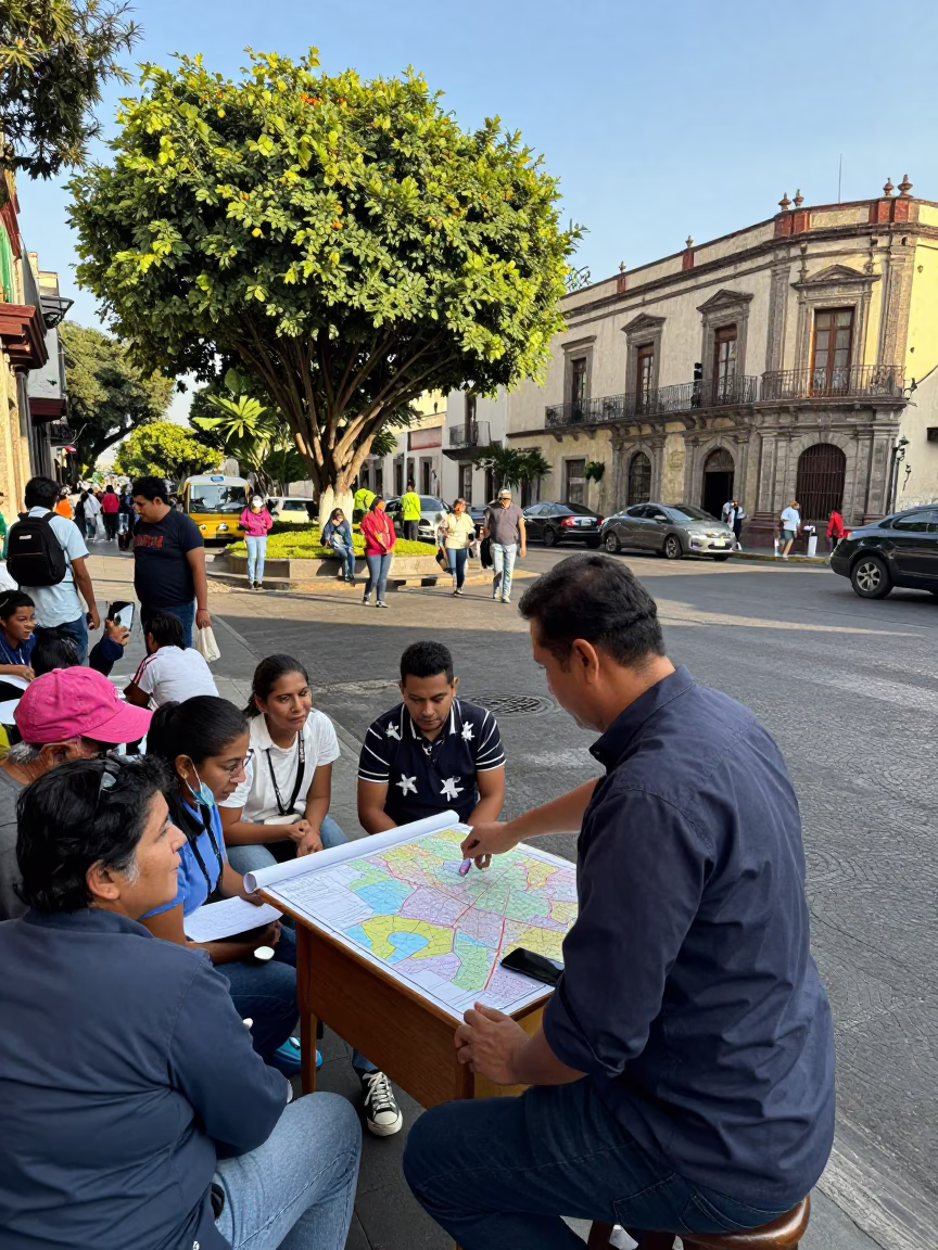 Busy Mexico City Street Scene with Lemon Grove and Teacher Unrolling Maps in 1980s in in Mexico City, Mexico